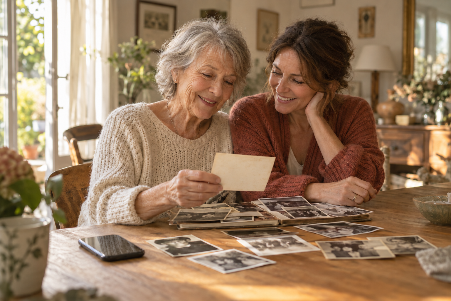Une mère et sa fille partagent des photographies de famille, illustration du service
