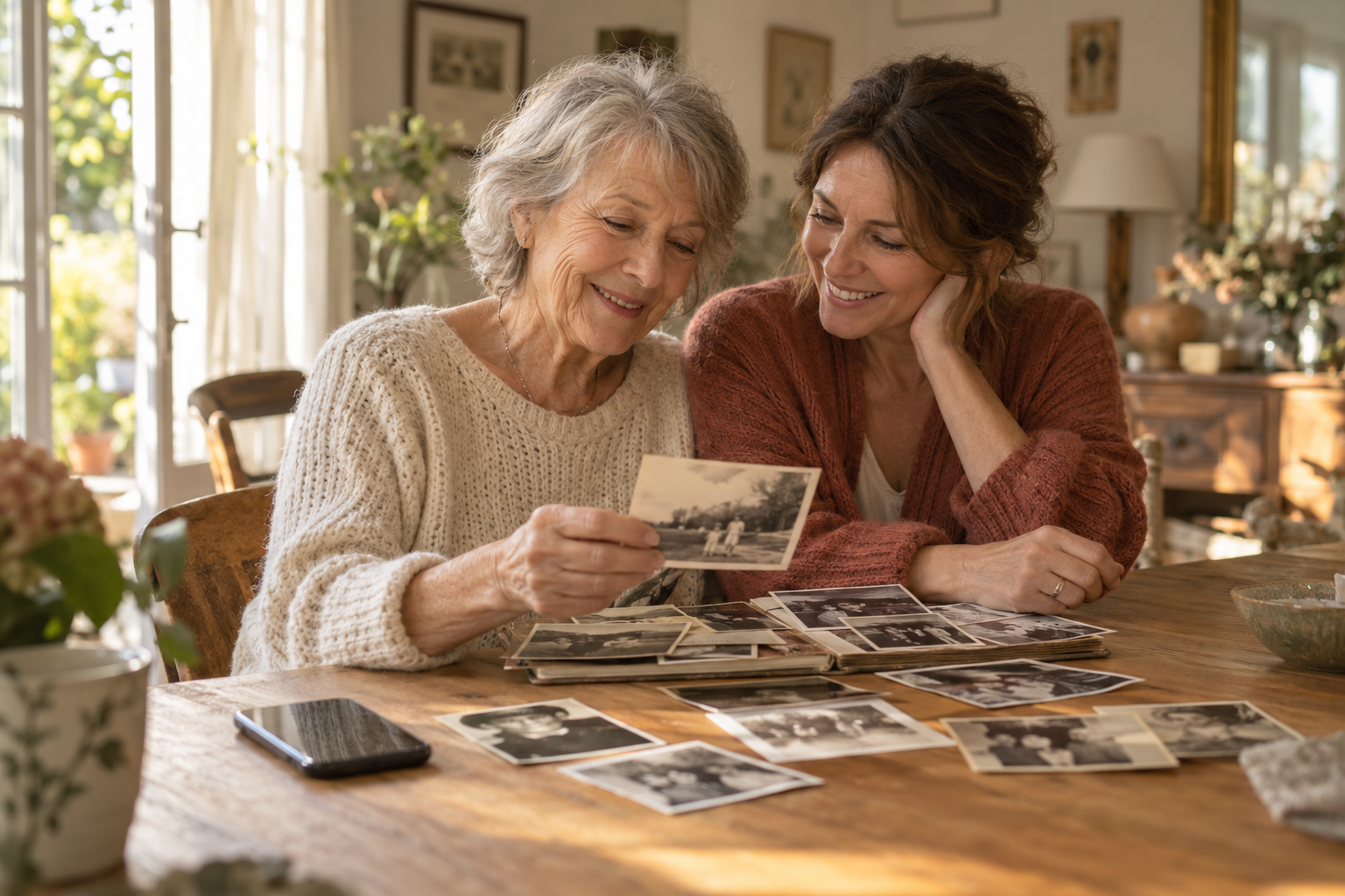 Une mère et sa fille partagent des photographies de famille, illustration du service